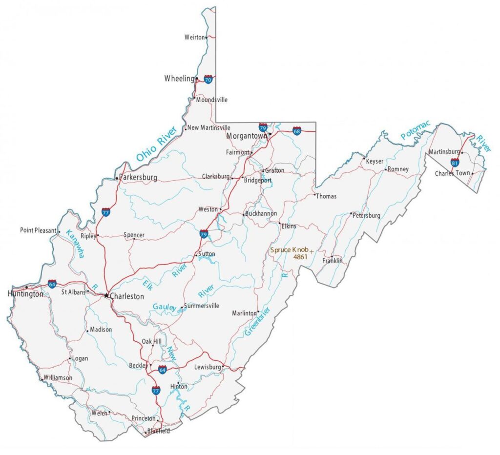 Colorful map of West Virginia pinned to a corkboard