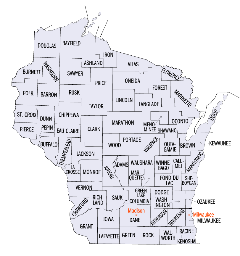 a close up of a clean printable map showing detailed county lines and names