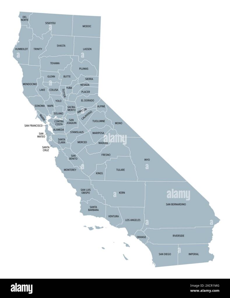 A colorful, organized chart showing California regions and county names
