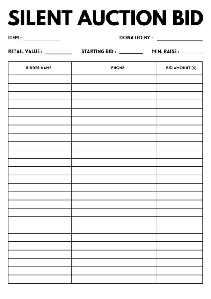 Auction table displaying multiple items with individual bid sheets