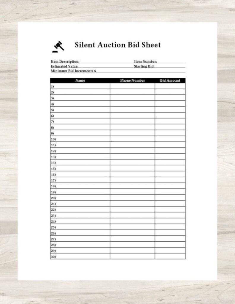 Close up of a printed bid sheet showing columns for names and amounts