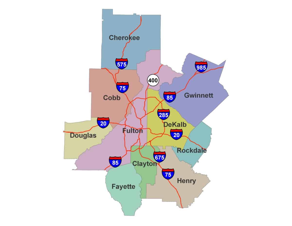 Detailed map showing the borders of various counties surrounding Atlanta Georgia