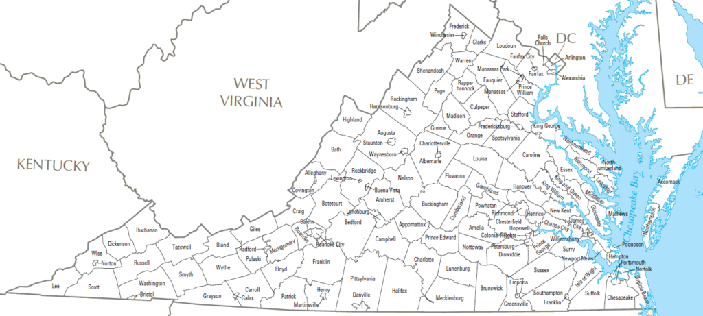 A detailed political map showing boundaries for all Virginia counties