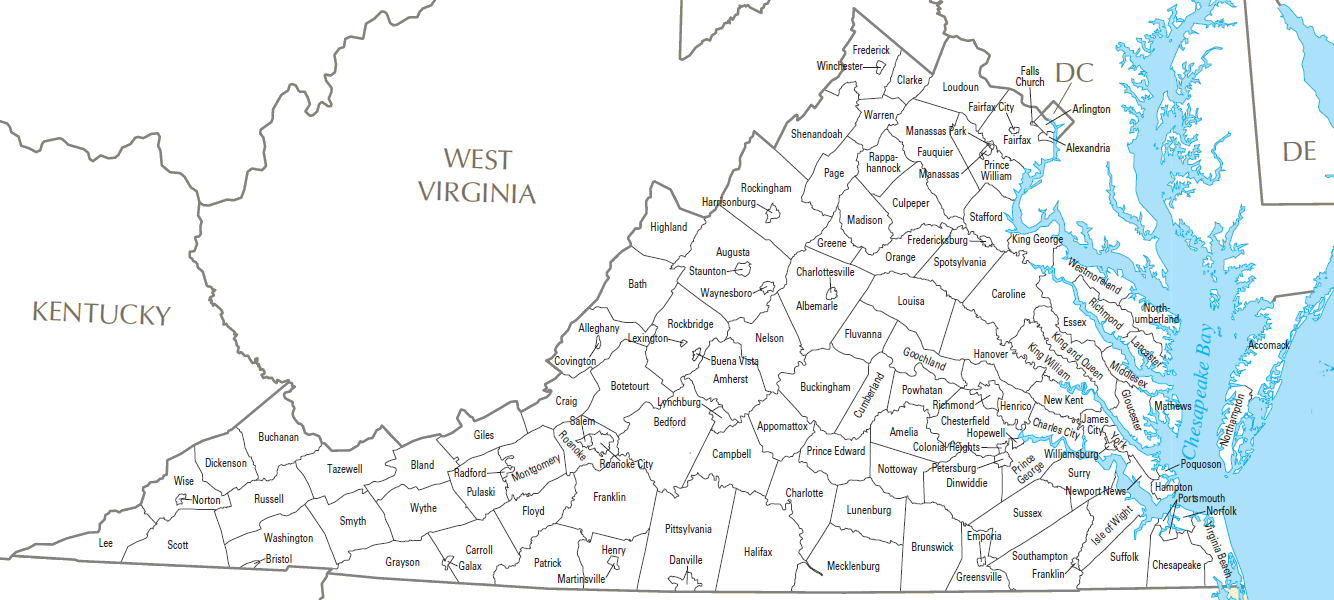 A detailed political map showing boundaries for all Virginia counties