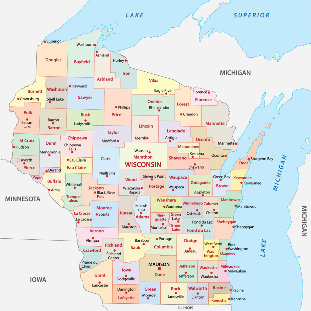a student using a printed map of Wisconsin for a geography homework assignment